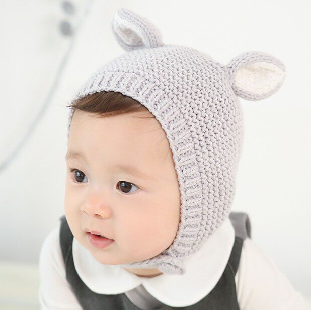 韩国进口婴儿童帽子猫耳毛线帽男女宝宝秋冬护耳防风保暖套头胎帽