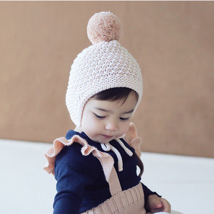 韩国进口婴儿童帽子3-18个月球防风护耳帽男女宝宝秋冬加厚保暖帽