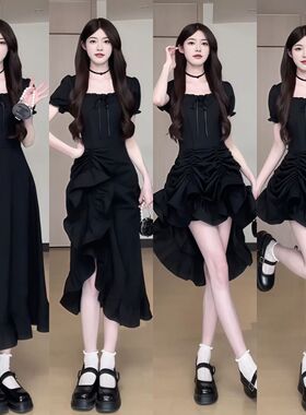 大码设计感时尚连衣裙三穿抽绳中裙女夏季收腰方口领绝美a字长裙