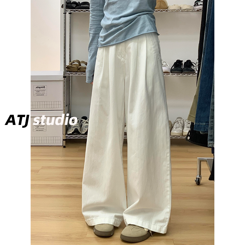 ATJ白色高腰宽松阔腿裤褶皱肌理感显瘦直筒牛仔裤女垂感拖地裤子