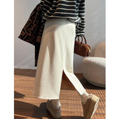 米白色羊毛呢开 叉半身裙女春秋冬加绒直筒中长裙显瘦垂顺感包臀