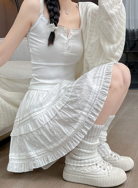 白色半身裙女装夏季薄款小个子a字蓬蓬芭蕾风蛋糕裙法式蕾丝短裙