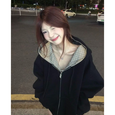 美式复古格纹连帽卫衣女
