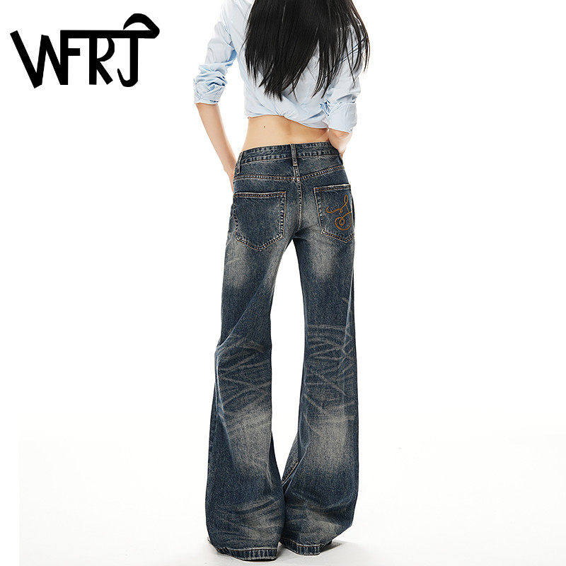 美式复古做旧低腰微喇牛仔裤女秋季新款百搭显瘦不贴腿直筒长裤子