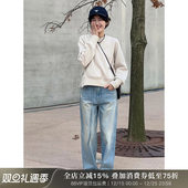 LANGQING 2025秋季 设计感小众女装 女卫衣卡其色圆领套头衫 新款