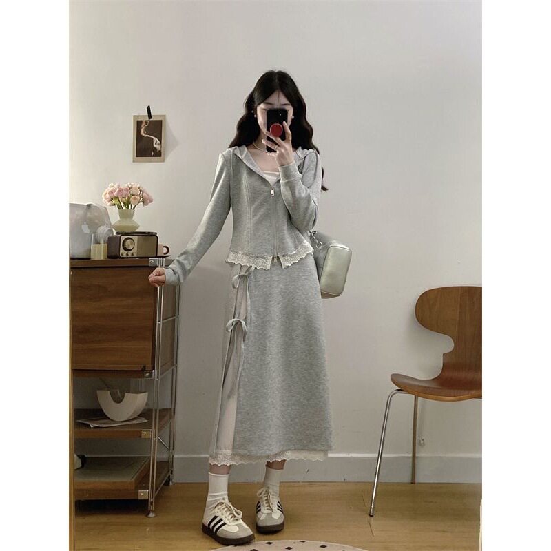 春秋学院风奶乖小个子搭配一整套炸街芭蕾风蕾丝边卫衣裙两件套装