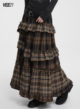 Vee21 巨好看的早秋季蛋糕裙棕色格子半身裙长款美拉德穿搭长裙子
