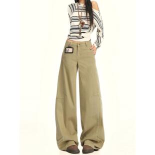 卡其色低腰工装阔腿牛仔裤女秋季2025新款宽松显瘦休闲直筒拖地裤