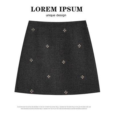 复古刺绣毛呢半身裙女秋