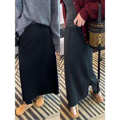 醋酸毛呢后开叉半身裙女