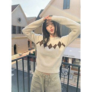 Creamsu叙白 菱格圆领套头毛衣女秋冬设计感慵懒针织打底上衣春秋