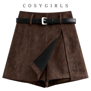 咖色麂皮绒半身裙女冬季新款复古时髦开叉a字裙裤显瘦高腰短裙潮