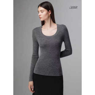 扬子纱100%羊毛U领针织打底衫女秋冬款修身显瘦百搭长袖内搭毛衣