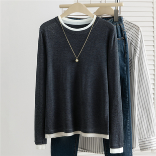 拼接假两件套头打底衫毛衣女秋冬爆款内搭可机洗宽松羊毛针织上衣