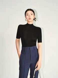 进口日本岛精100%羊毛半高领美利奴羊毛杨子纱短袖针织打底衫女