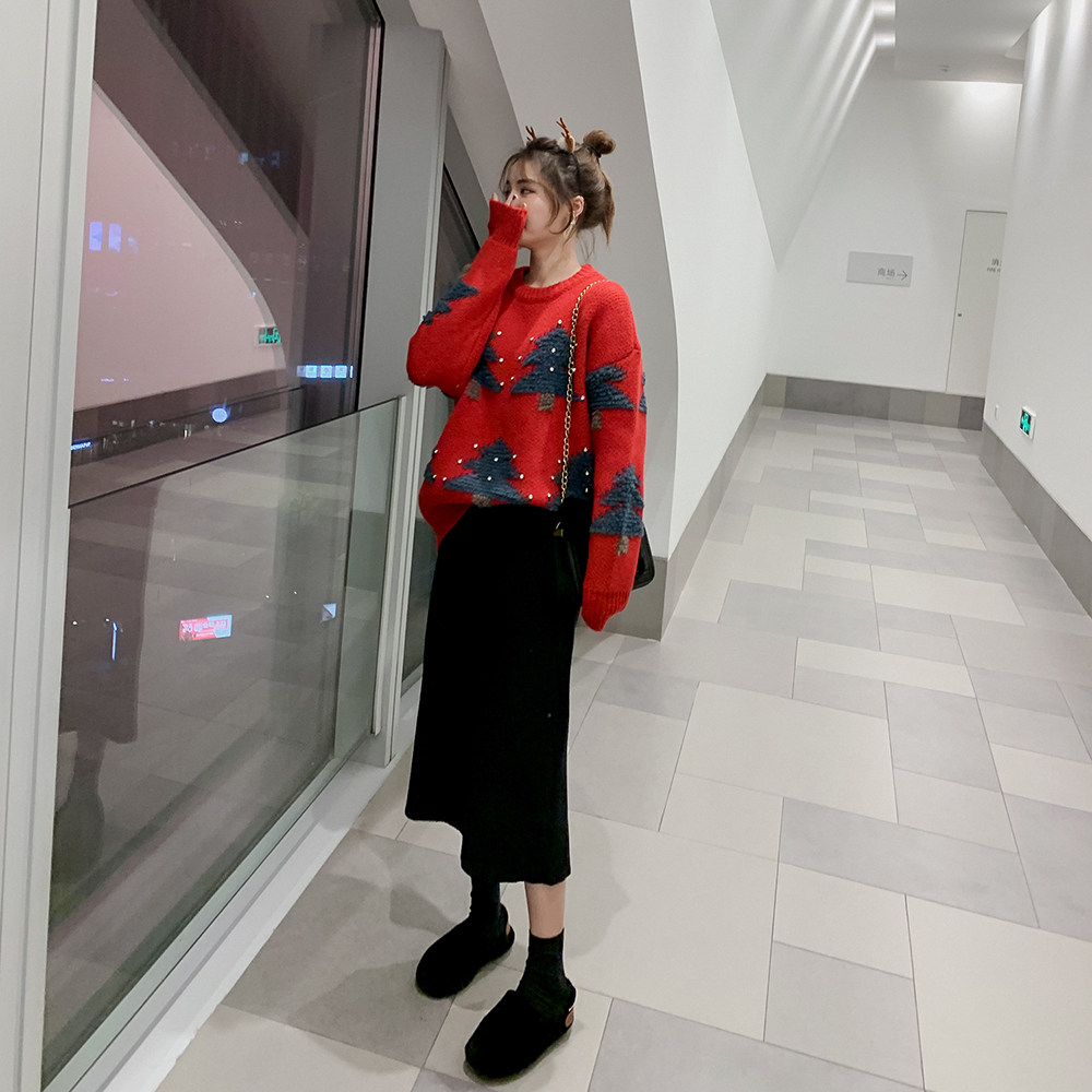 2019冬季新款女装韩版外穿上衣圆领宽松钉珠针织衫打底圣诞树毛衣在类目 女装/女士精品, 毛衣中 - 来自Buy2taobao.com提供专业的淘宝代购服务