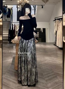 【SALE】PengTai 黑色一字肩蕾丝拼接抹胸长裙 PARTOU集合店