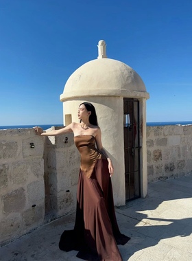 【SALE】PengTai 24ss 咖色拼纱抹胸连衣裙 PARTOU品牌集合店