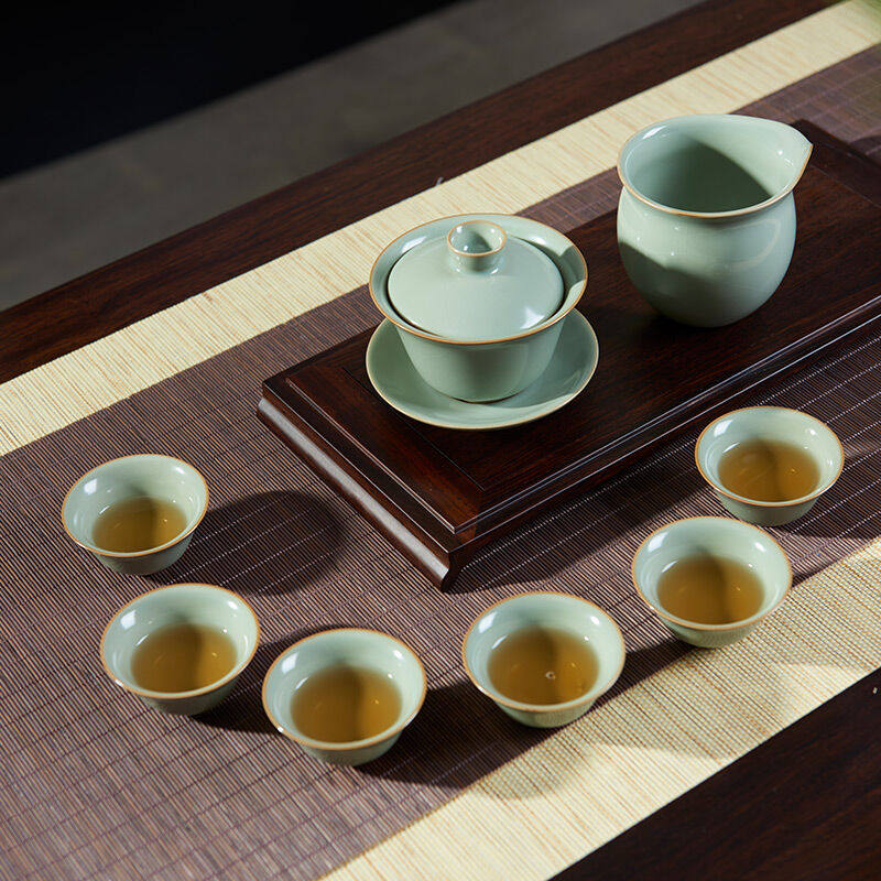 汉唐功夫茶具汝窑整套景德镇瓷器可开片可养盖碗茶杯公道杯组合泡