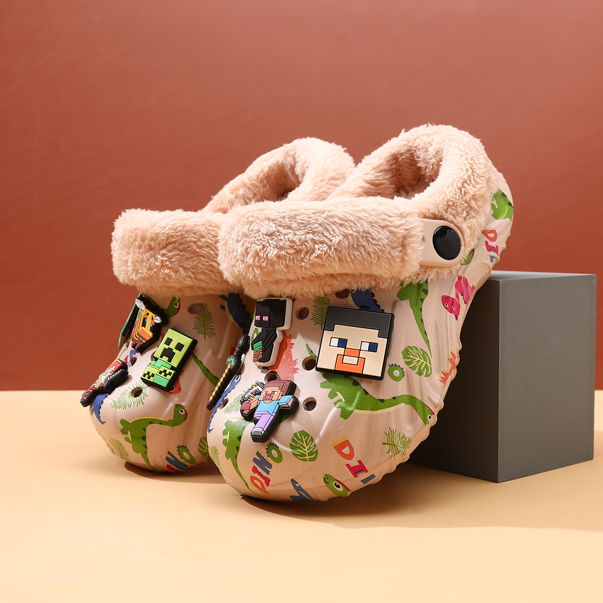 我的世界儿童棉拖鞋男童洞洞鞋棉鞋秋冬毛毛拖鞋冬季居家鞋男孩子