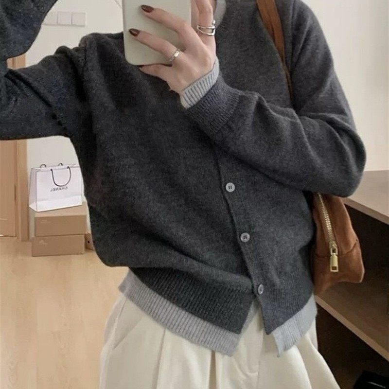2025秋冬新款韩系撞色假两件针织开衫外套气质学院风减龄毛衣女