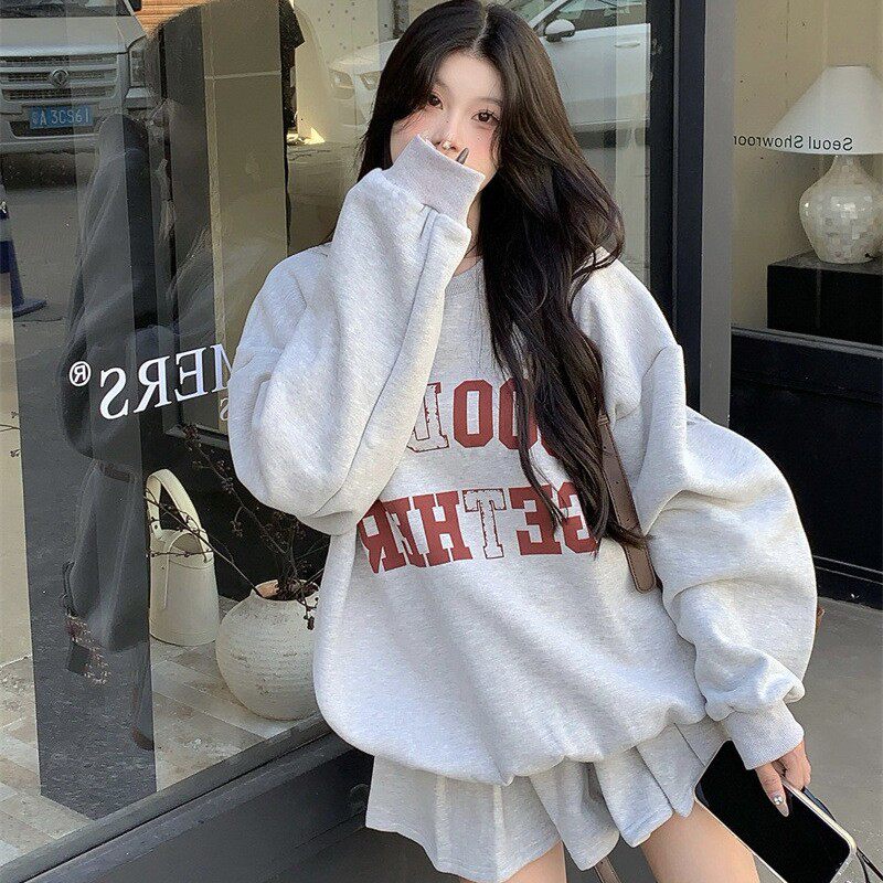 美式灰色时尚套装女字母印花卫衣秋冬高腰A字百褶裙半身裙两件套