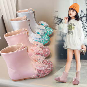女童靴子冬季2023新款韩版儿童单鞋高跟公主鞋加绒小女孩水晶短靴