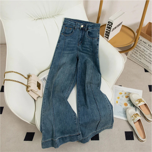 7488【八面弹】复古蓝设计感阔腿牛仔裤女春季高腰显瘦宽松裤子