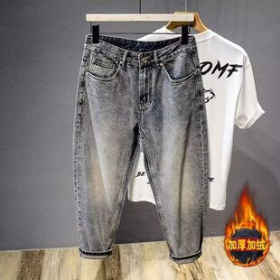 子百搭水洗宽松休闲裤 老爹萝卜裤 子 男美式 港风复古加绒九分牛仔裤