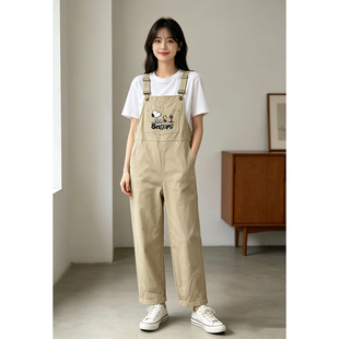 nu比刺绣图案背带裤 San F联名款 史 春夏休闲百搭水洗直筒牛仔裤