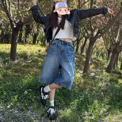 AG*G高街 美式复古闪电纹超酷七分裤 春夏潮人ootd无弹高腰牛仔裤