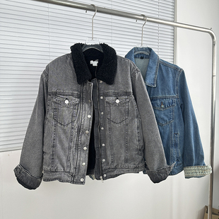 F家 性价比白菜价@经典美式仿羊羔绒做旧灰水洗翻领厚实牛仔外套