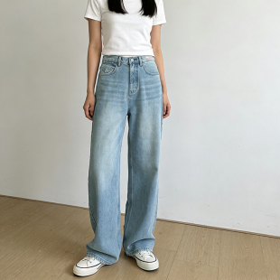 休闲百搭高腰牛仔裤 丽家swan 水洗自然蓝阔腿直筒裤 热销top ory