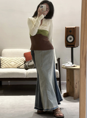 Pi*t 拼色水洗工艺鱼尾设计紧致牛仔裙 春夏都可个性穿搭单品半裙