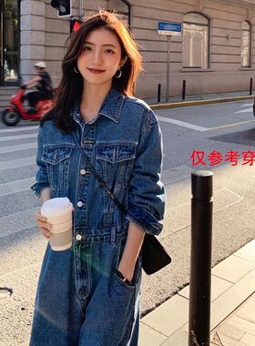 N多家定制改版@港风style经典基础复古蓝半松紧腰工装牛仔连体裤