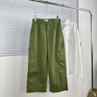 外贸好东西!复古军绿色口袋贴布工装裤 春秋百搭水洗直筒休闲裤