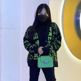 复古绿印花好显眼开衫 剪R美式 春秋厚实得很时髦宽松毛衣 包邮