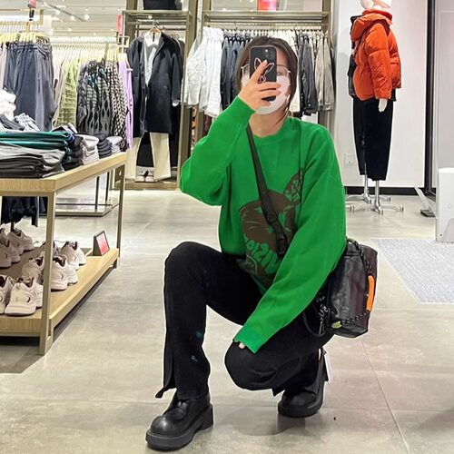 剪R随便穿都挺好看兔子印花复古绿毛衣 春秋百搭圆领套头针织衫