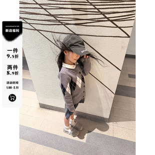 MOMENTHOME莱宝童装糯叽叽英伦学院风菱格长袖单排扣毛衣开衫女童