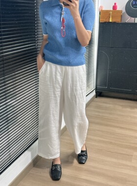100%亚麻九分裤白色显瘦显腿长梨形身材