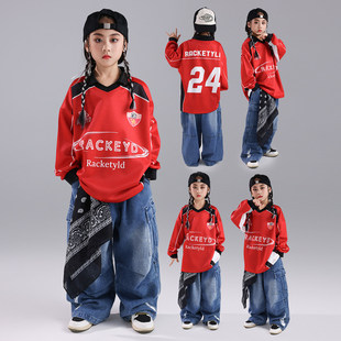 hiphop演出服 子套装 迪克家儿童街舞潮服女童嘻哈风红色长袖 牛仔裤