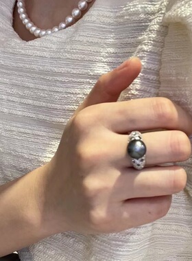 MayJune 蕾丝拉花10MM大溪地珍珠戒指女复古银边轻奢简约vintage