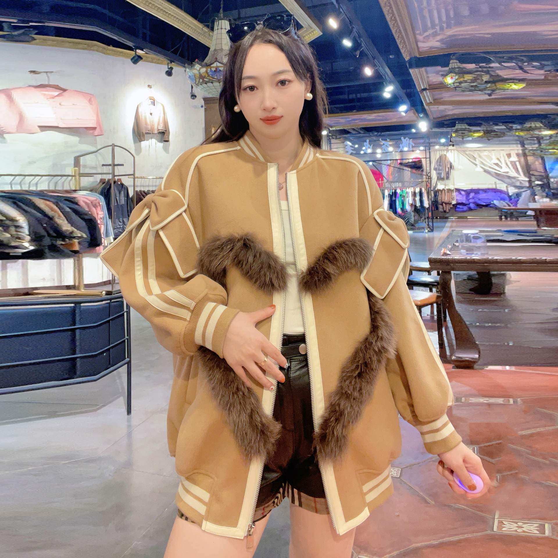 2024秋季上新大衣减龄狐狸毛拉链棒球服女款休闲蝴蝶结外套百搭