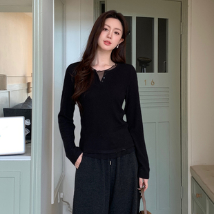 Ciobbur长袖T恤女士蕾丝拼接假两件纽扣上衣2025冬季新款官方授权