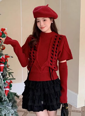 FOR WHY 毛针织衫女红色氛围感袖套短袖上衣2025冬季新款官方授权