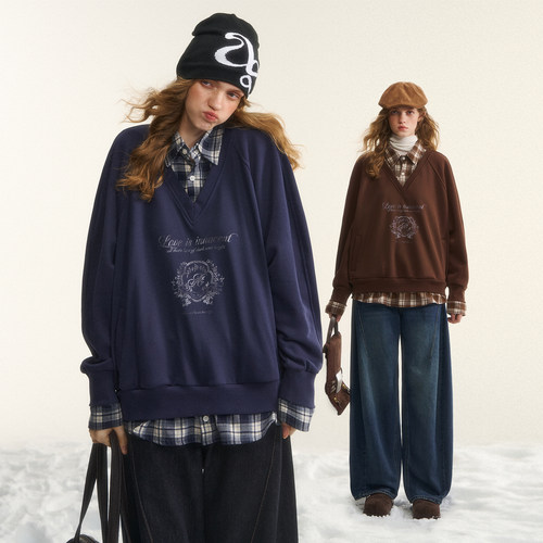 AsGony卫衣学院风印花V领格子