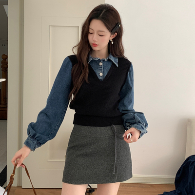 Ciobbur针织衫复古百搭牛仔拼接