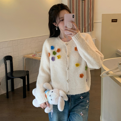 Ciobbur彩色立体花蝴蝶水钻毛衣