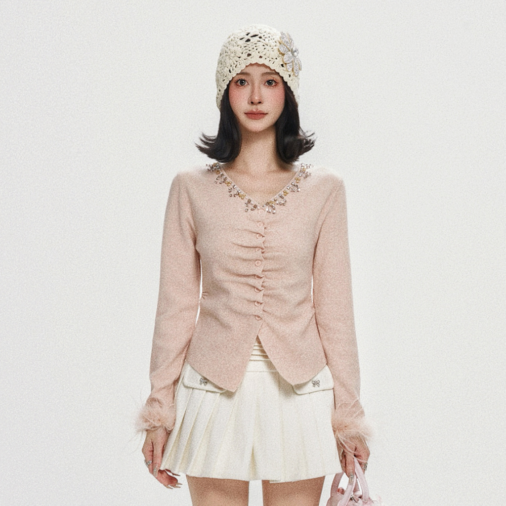 Vitatrend毛衣水钻褶皱毛毛袖