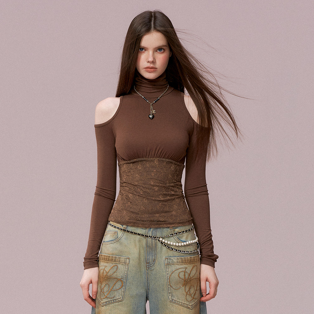 VIA PITTI T恤女设计感露肩高领蕾丝拼接上衣26春季新款官方授权,女装/女士精品,T恤,淘宝优惠券,粉丝福利购,淘宝优惠卷